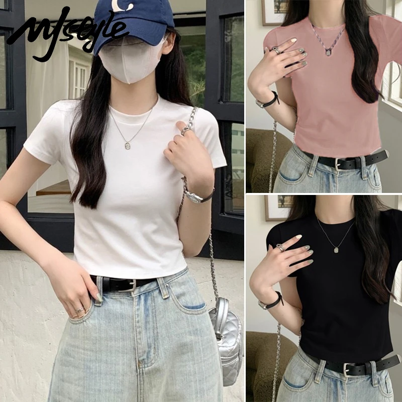 MJSTYLE白色正肩短袖t恤女2025新款夏季女装基础款小个子短款上衣