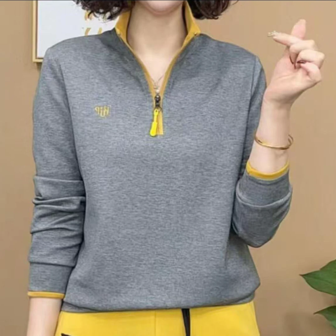 8955-女半拉链撞色卫衣（灰色）