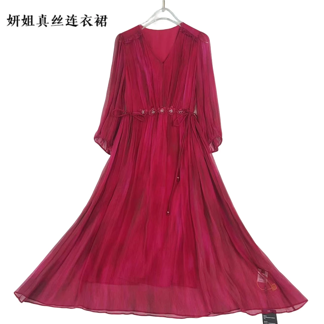 2025设计师新品干枯玫瑰红简约中长款显瘦大摆女装时尚 23155-15