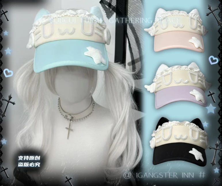 1Gangster Inn原创猫耳空顶遮阳帽亚文化帽子地雷系可爱文字宅系