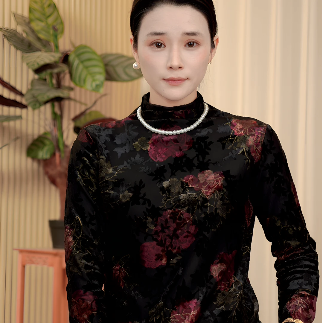 冬季新款2024打底加厚款显气质印花高领打底衫百搭时尚保暖