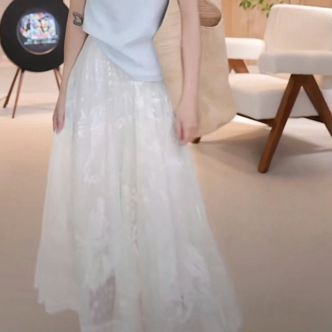 设计感中长款高腰蕾丝半裙女春季2025新款法式气质温柔白色半身裙