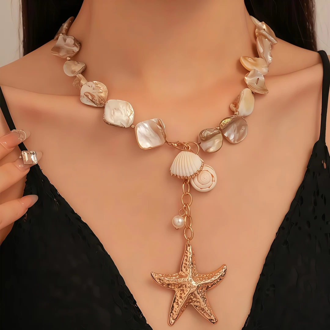 铜合金贝壳项链 【海边度假】假日风不规则贝壳海星项链海洋风配饰