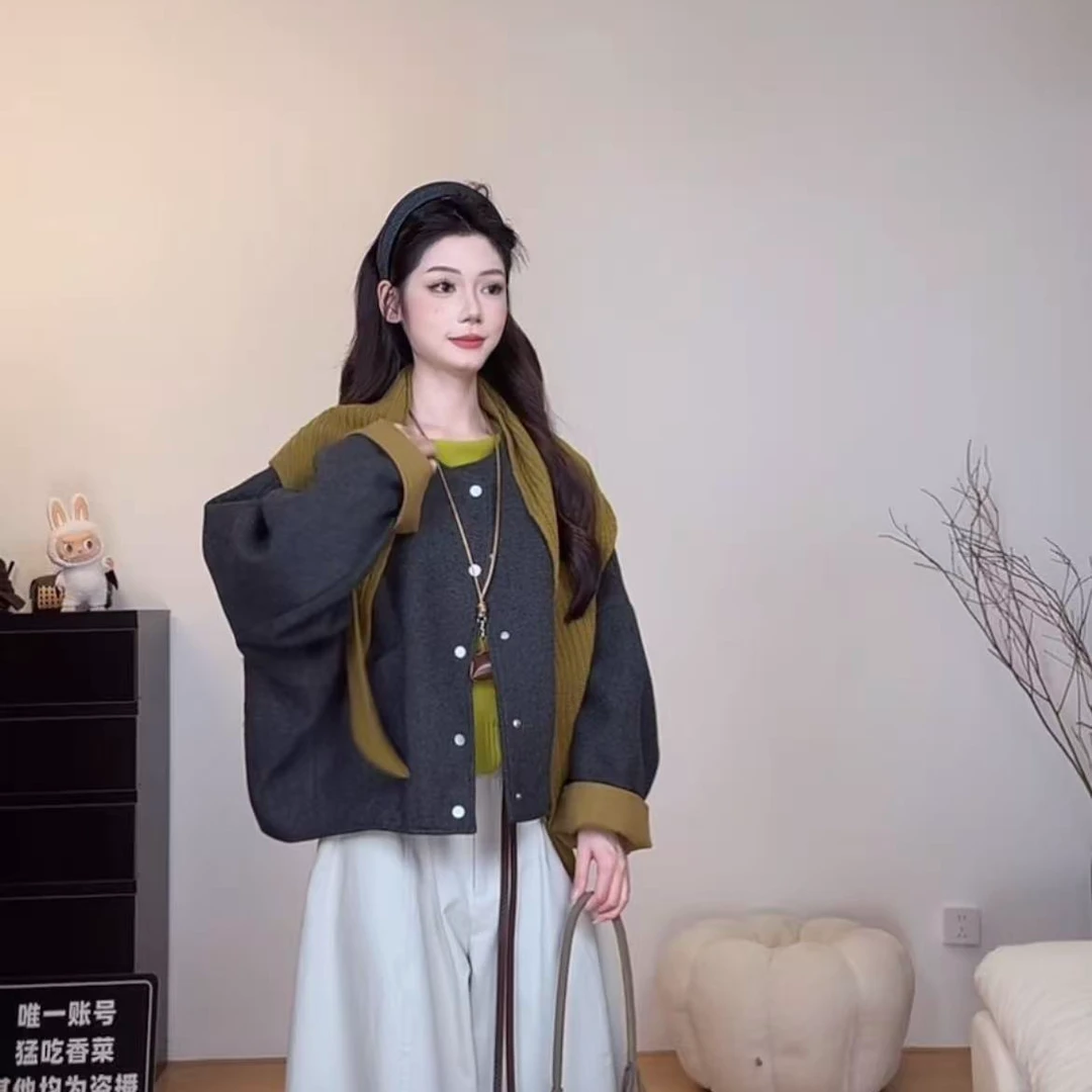 【清仓】韩风披肩款撞色袖口毛呢短外套秋冬慵懒感圆领排扣开衫