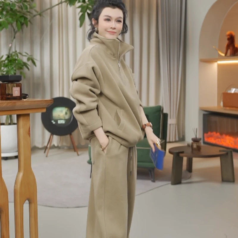 加厚加绒简约立领卫衣休闲裤松弛感套装 W-63602