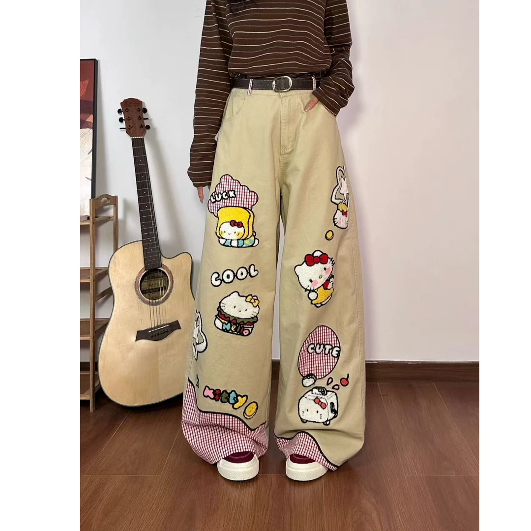 美式复古卡通KT猫咪刺绣拼接休闲裤女秋季款宽松直筒百搭阔腿裤潮