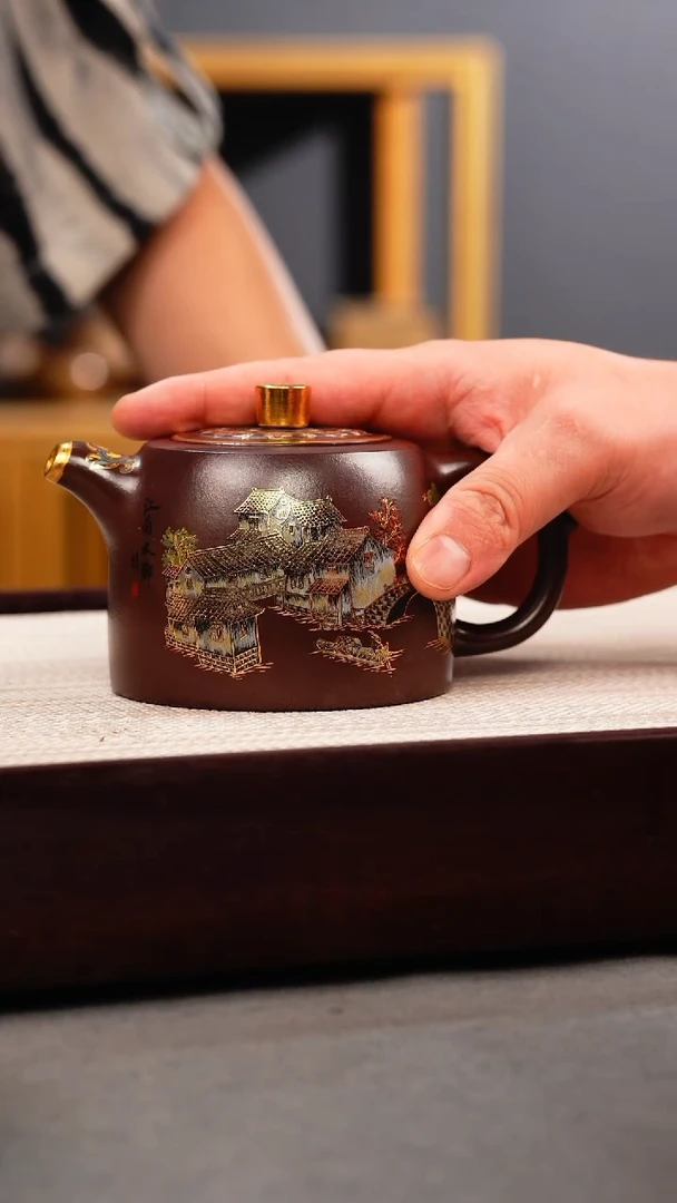 茶壶紫砂石红 井栏 忆江南珐琅彩