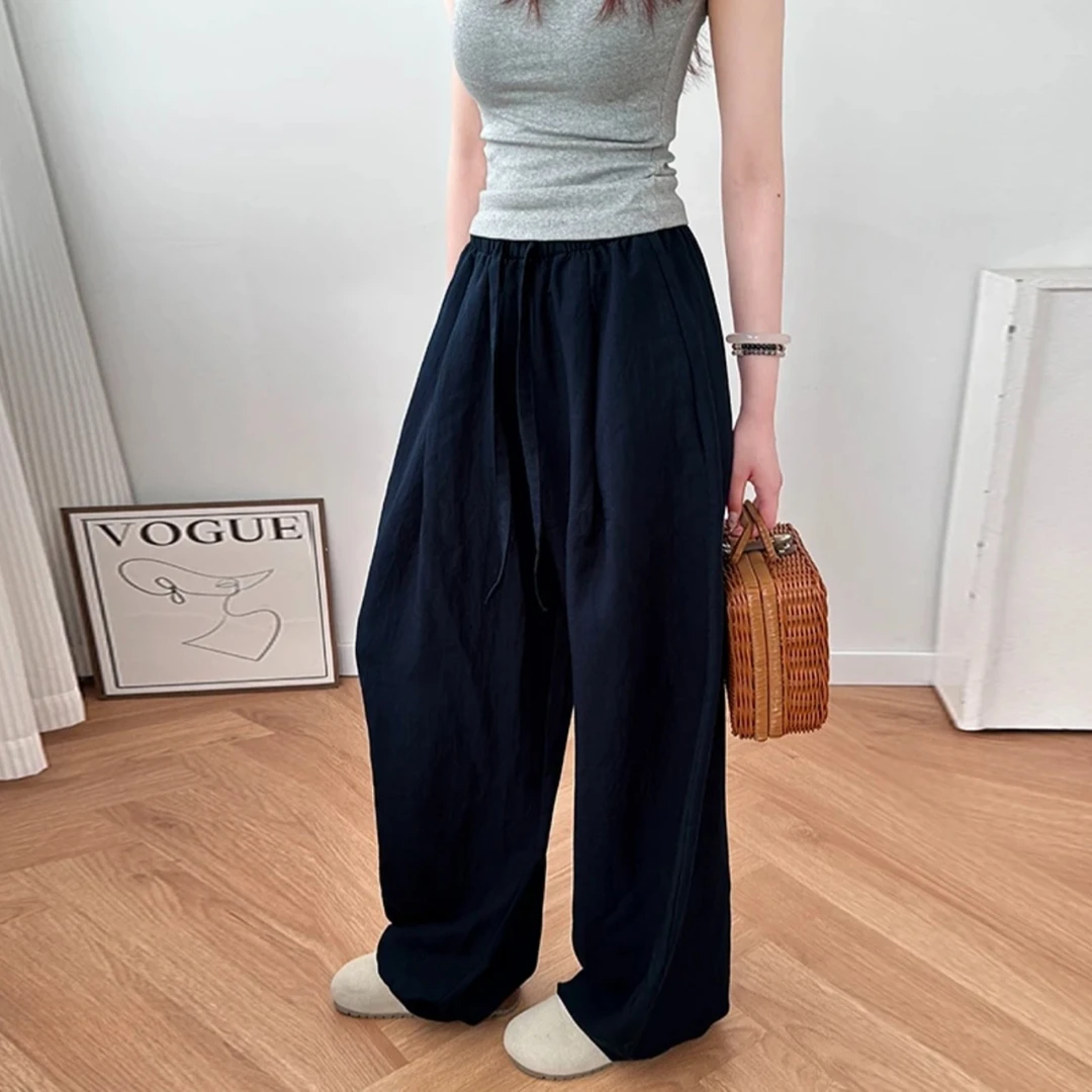 【现货+运费险】天丝亚麻夏季抽绳松紧腰简约弯刀裤休闲裤阔腿宽松