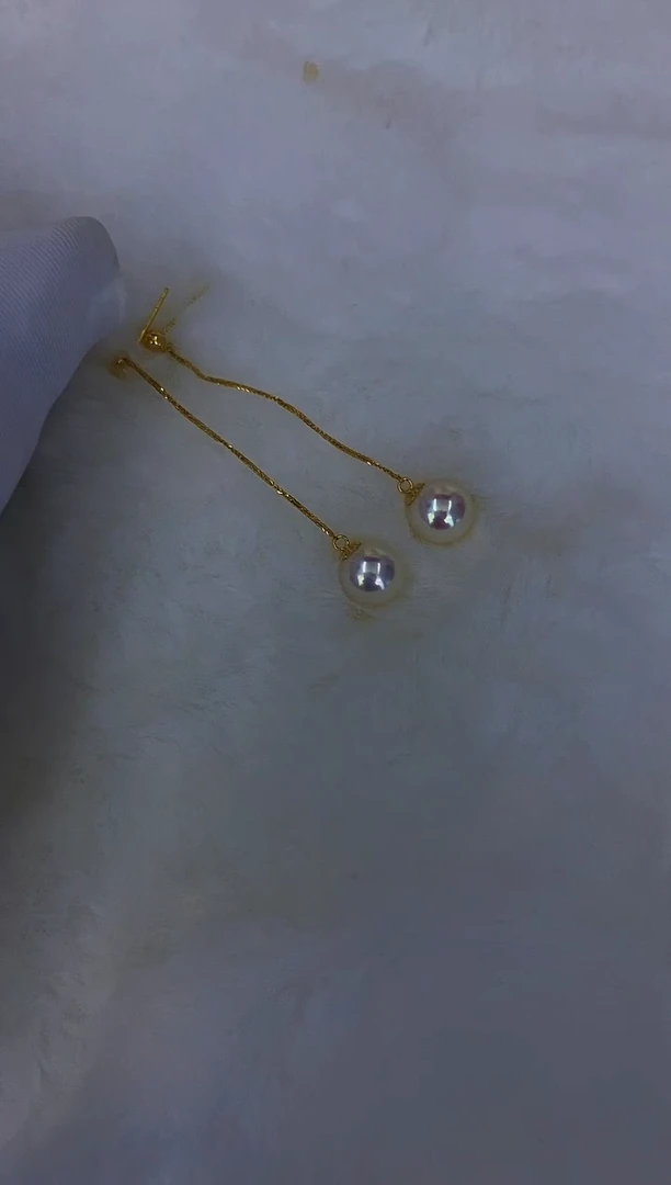 18K金镶嵌akoya耳线海水珍珠7-7.5mm