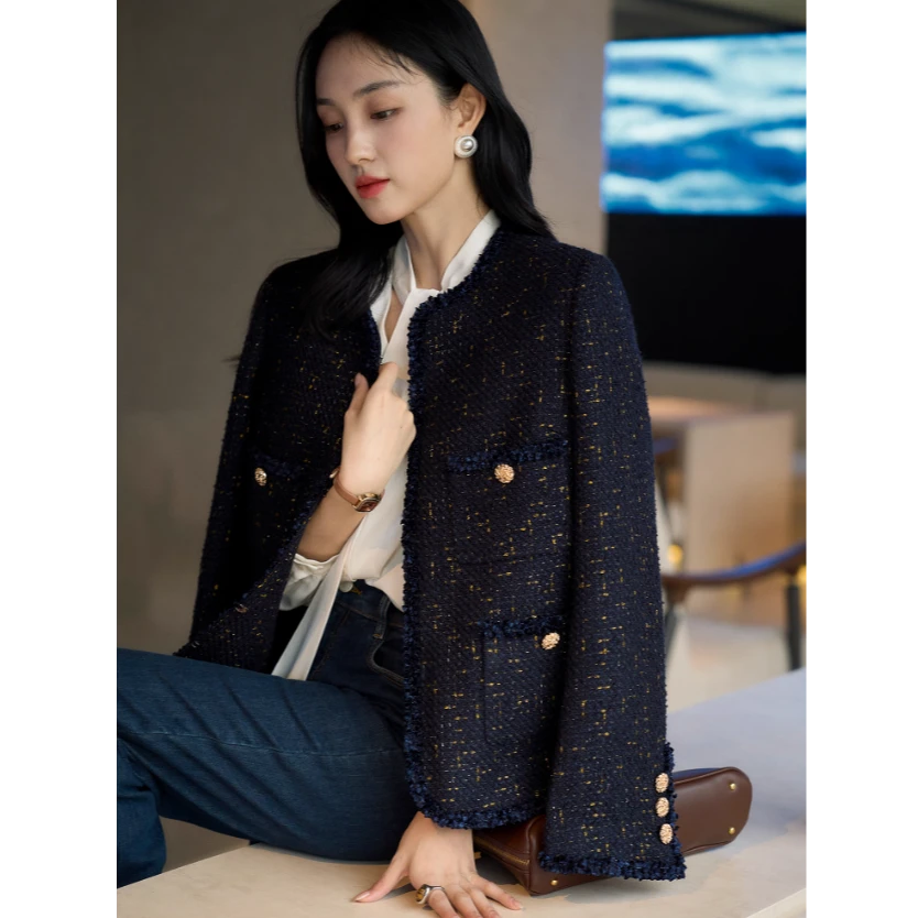 【糖糖专属】蓝金派对 彩点浮雕蝴蝶纱流苏边小香外套WTF563271AG