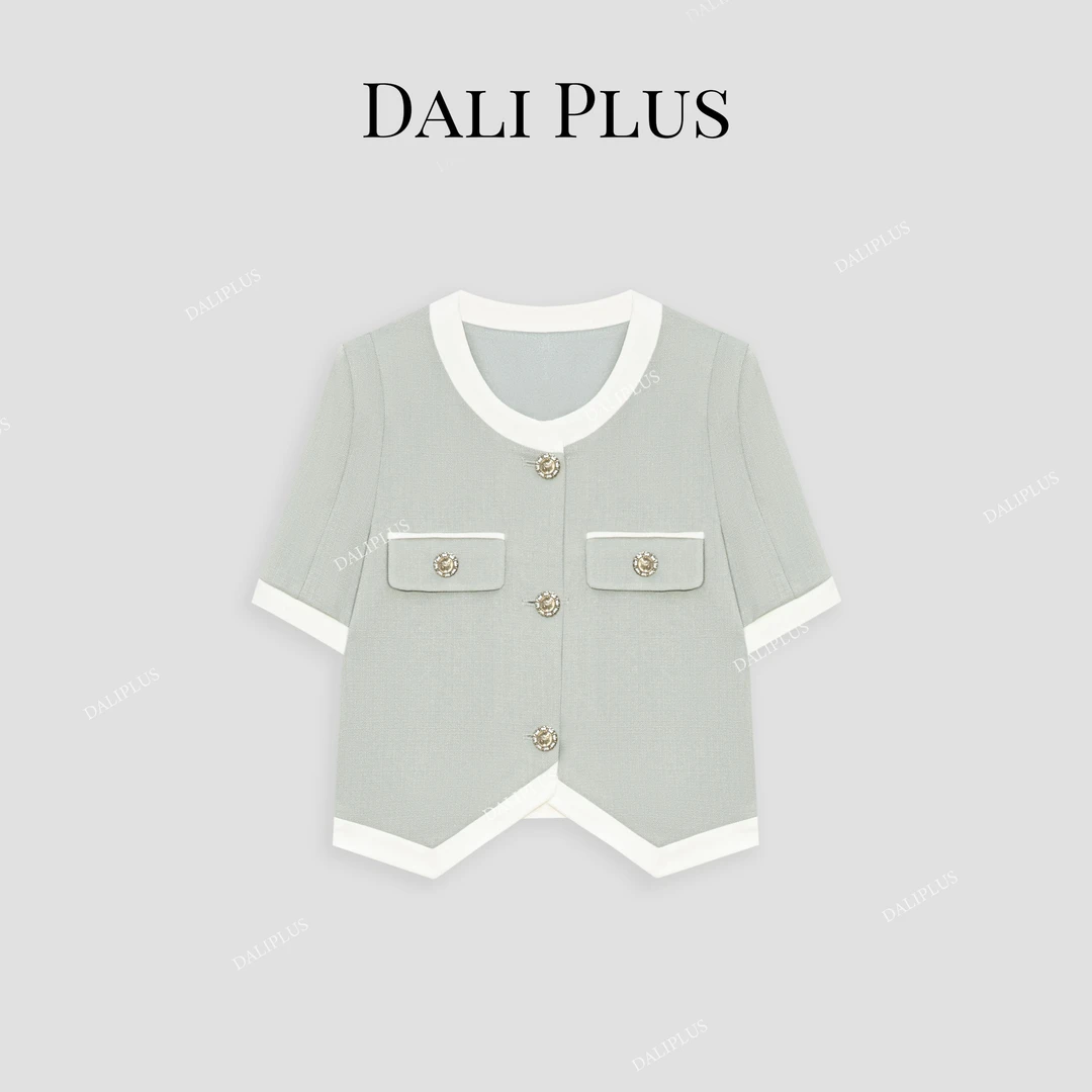 DALI PLUS法式百搭气质撞色圆领醋酸小香风短袖上衣外套-22T-0675