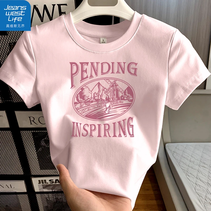 真维斯无界夏季新款印花圆领紧身短袖T恤修身显瘦高颜值百搭上衣