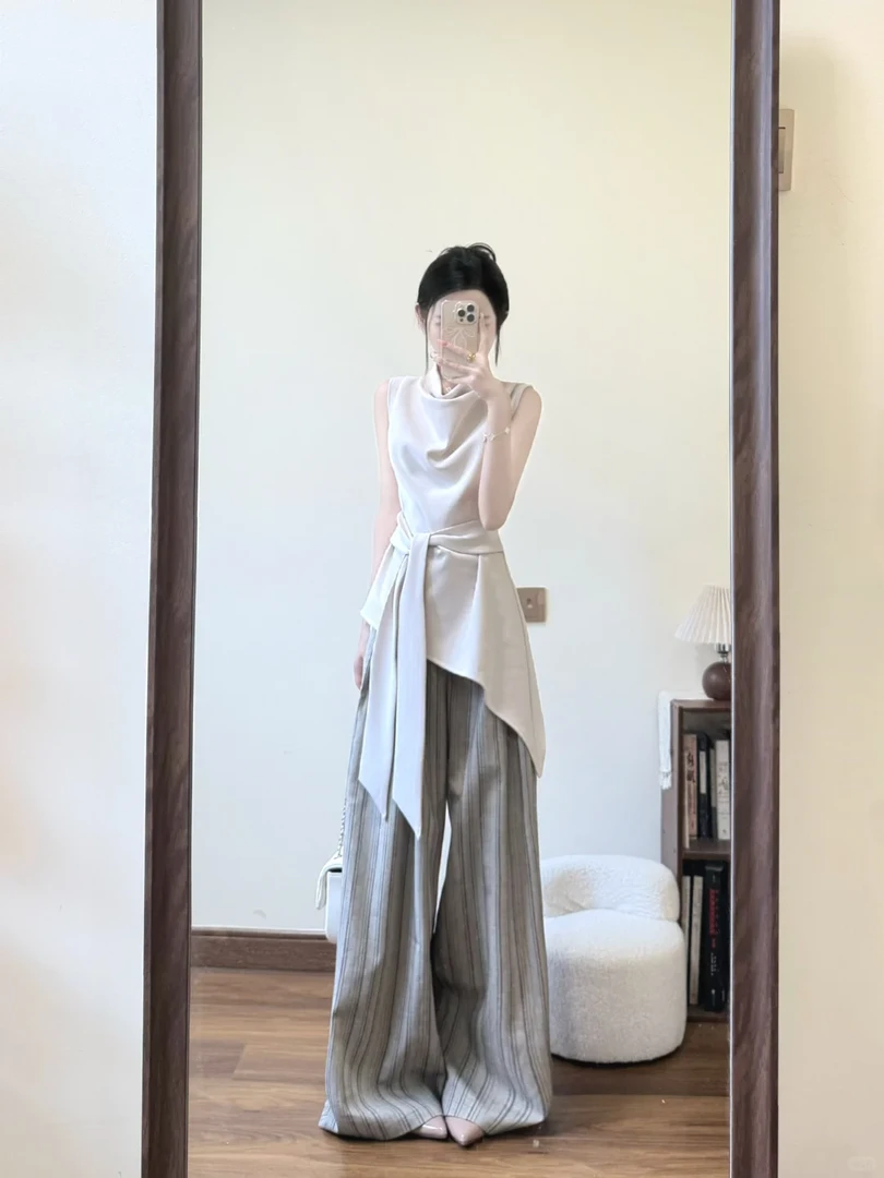 2025夏季新款韩系穿搭高级感荡领收腰绑带上衣阔腿裤气质两件套女