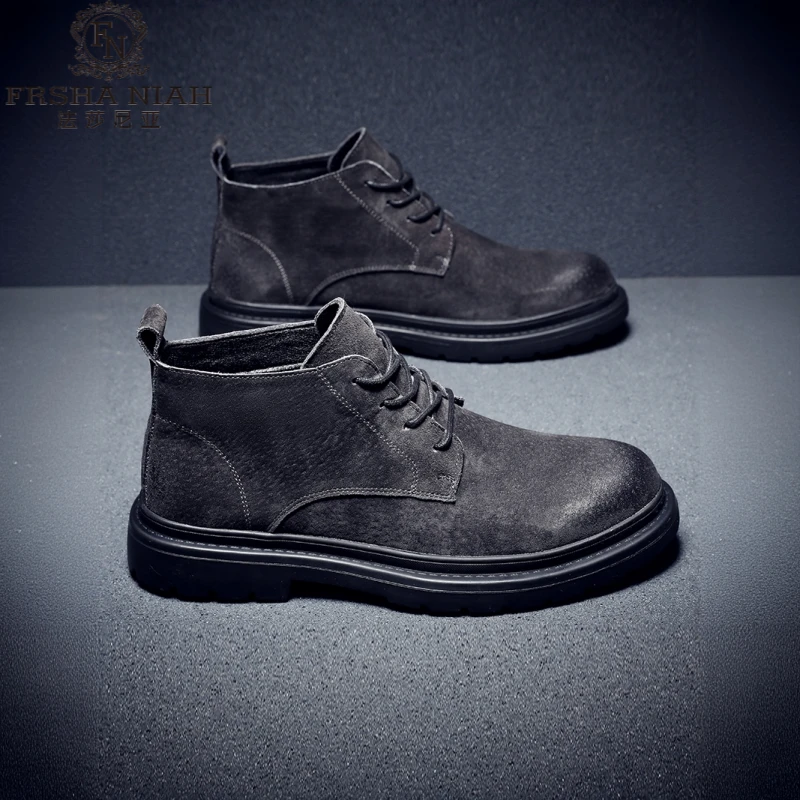 法莎尼亚新款休闲马丁靴低帮短靴子男款灰色皮靴百搭英伦风工装鞋
