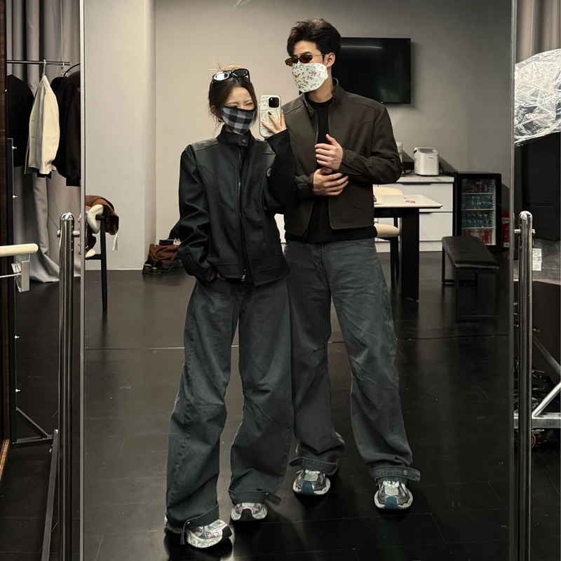 「TtAU」早秋新款拼接斜纹肌理高级感机车服情侣百搭多拉链立领外套