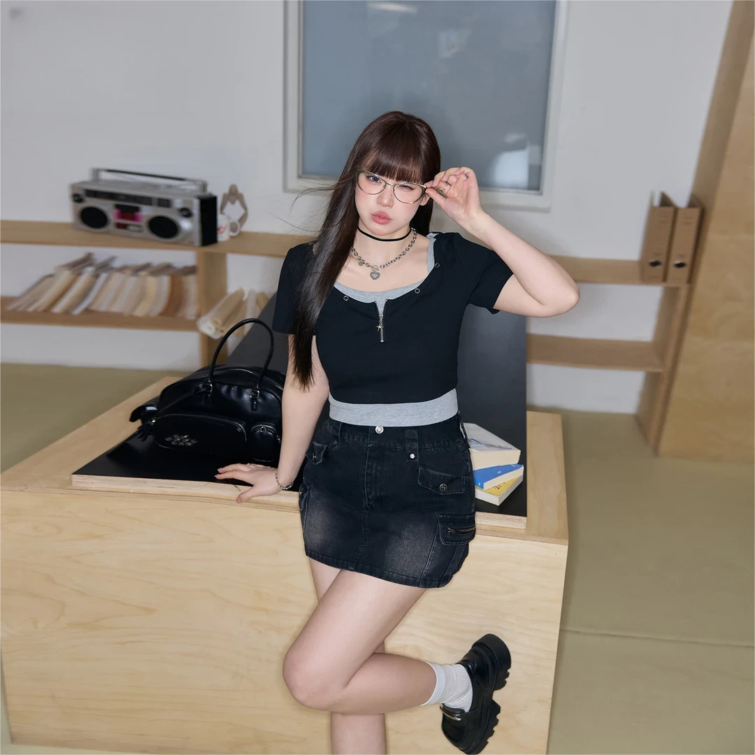 【W3069】上衣工装牛仔套装半裙穿搭时尚百搭短款套装