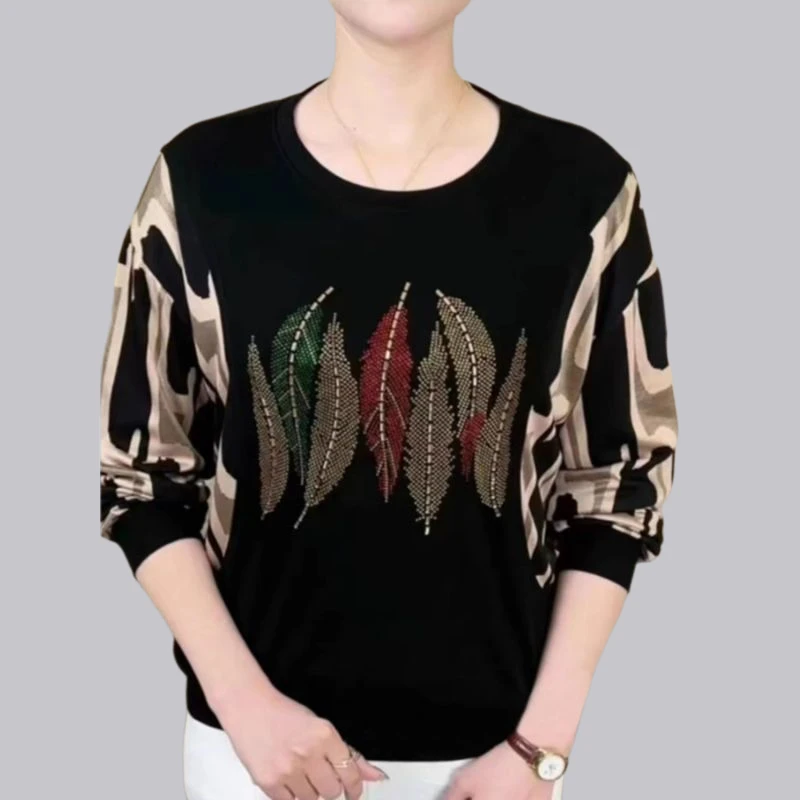 936枫叶秋冬季时尚烫钻洋气质简约设计感撞色圆领长袖显瘦T恤