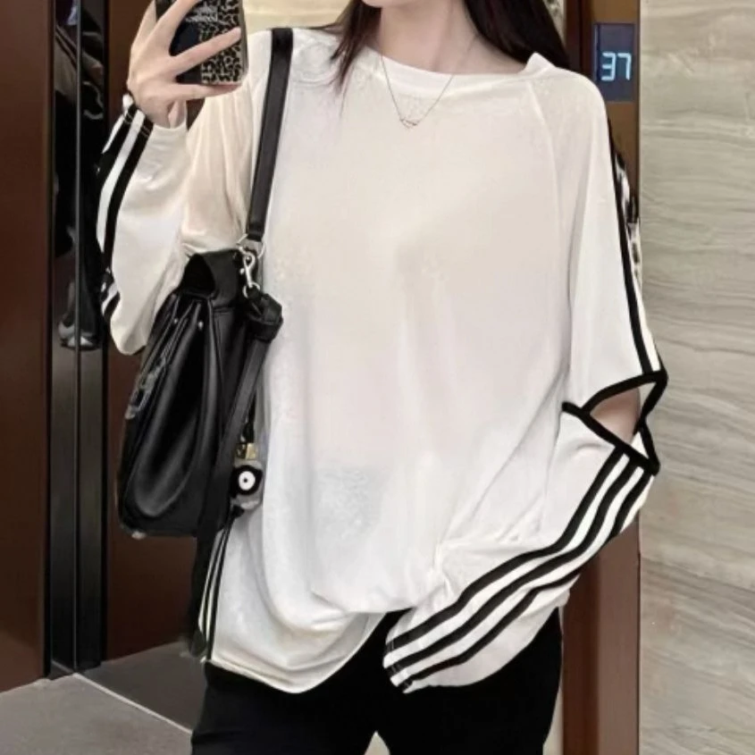 【大7定制】8322#夏季宽松设计感拼接三条杠T恤上衣女（微透）