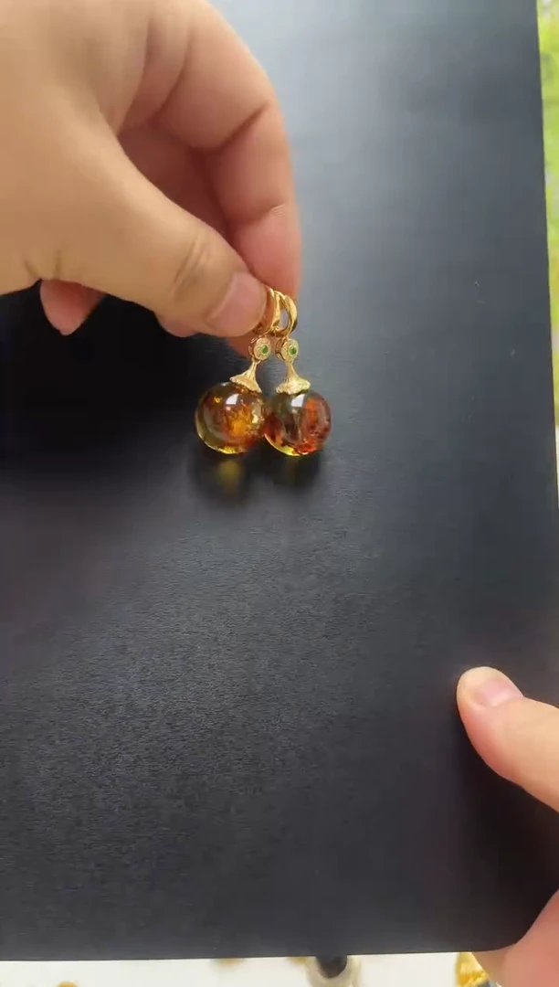 银S925镶嵌琥珀裸石琥珀耳坠