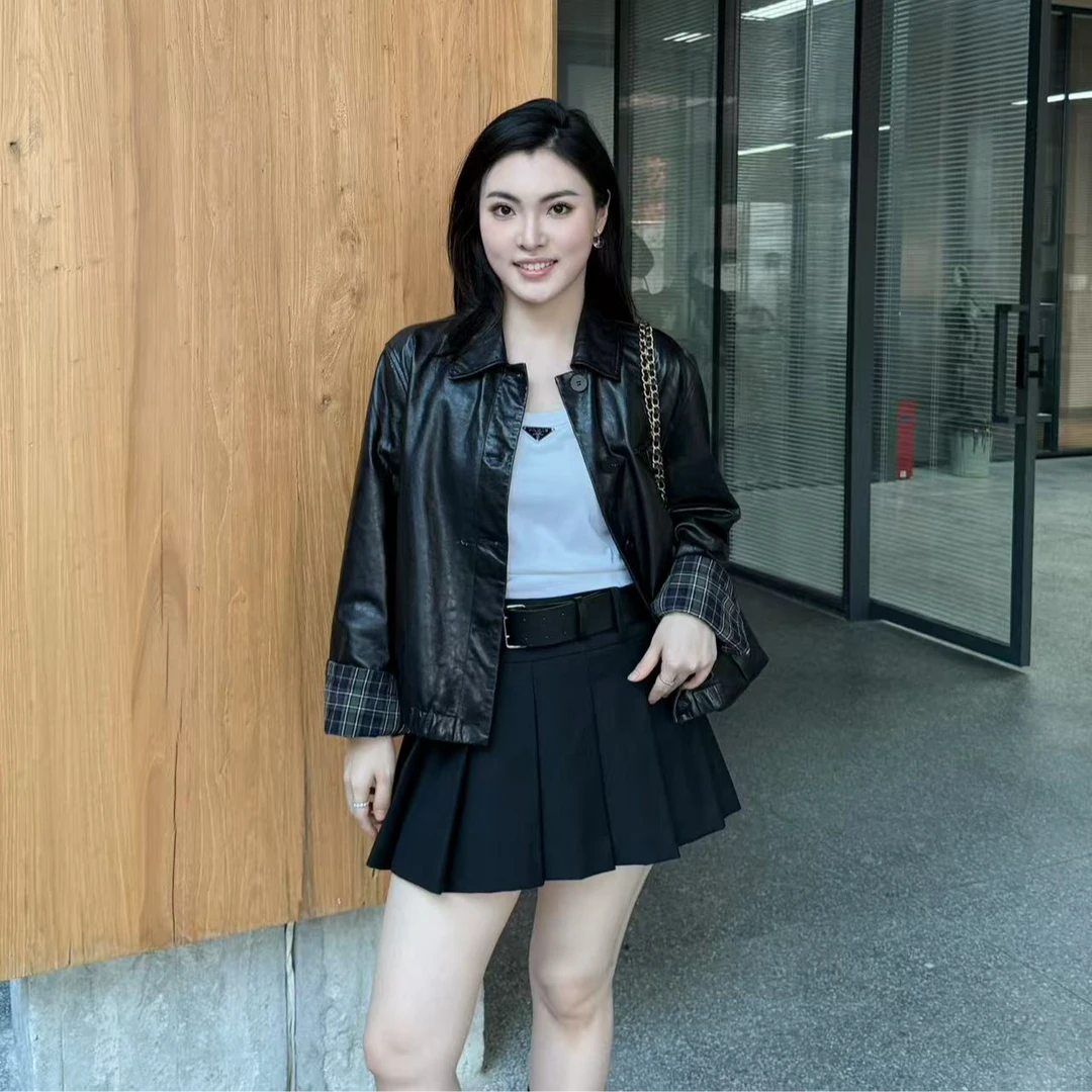 ARMS WELL王囡囡 黑色羊皮革翻领三角皮衣外套 S286