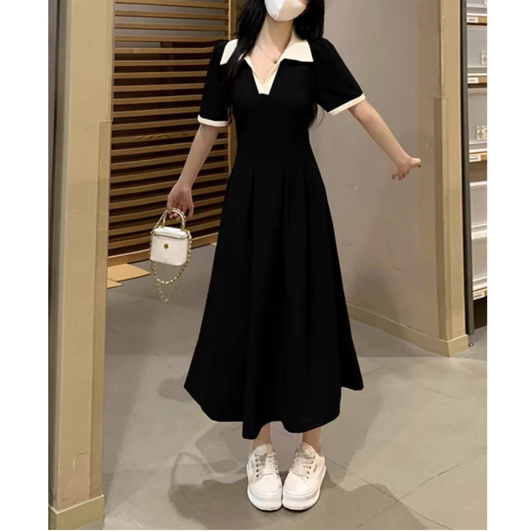 大码法式气质高级感黑色Polo连衣裙女夏季胖mm收腰显瘦裙子