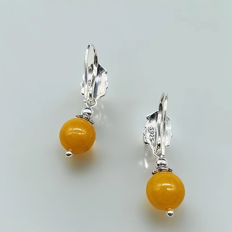 s925银蜜蜡耳坠孔雀羽毛款圆珠时尚个性保真国风中式民族风高级