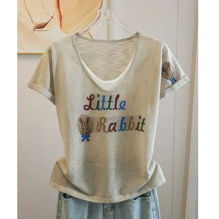 卡其色~字母小兔子薄款套头减龄显瘦针织衫上衣