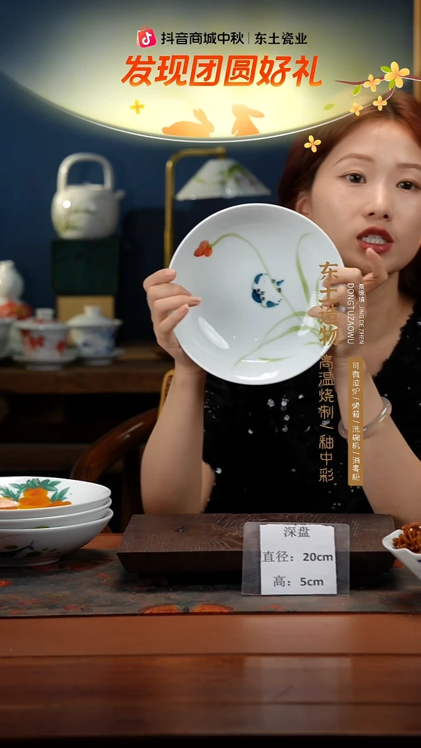陶瓷景德镇高温釉中彩深盘直径20高5