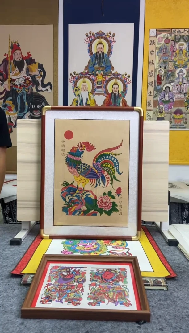 实木框金鸡报晓手工制作精品年画