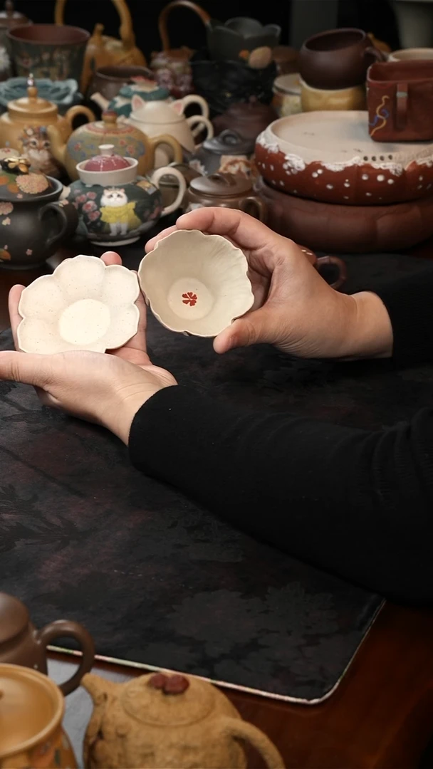 茶壶紫砂?白泥花花杯+杯垫