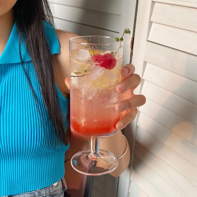 韩国ins风网红咖啡厅冰淇淋高脚杯条纹玻璃杯奶茶店果汁杯饮料杯