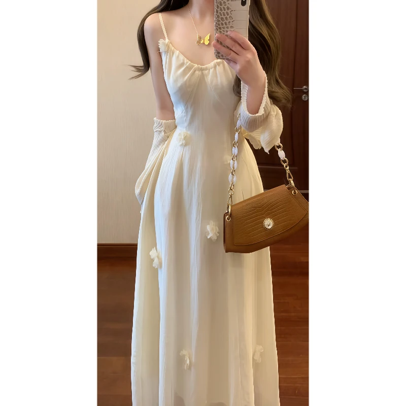 【丁香风铃】法式优雅设计感立体花朵吊带连衣裙&防晒空调开衫9393