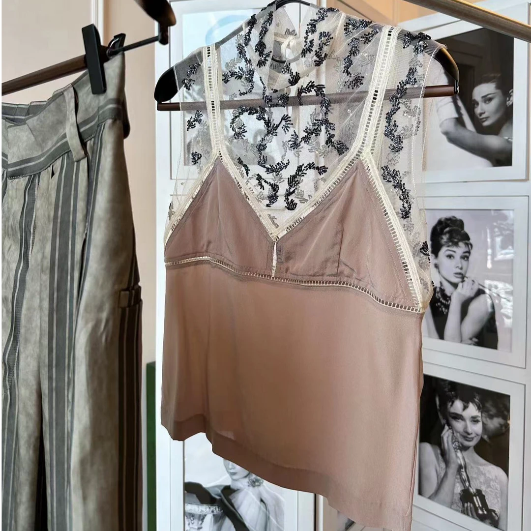 SONGTING 小众设计 钉珠绣花 网纱拼接真丝无袖背心上衣24070650