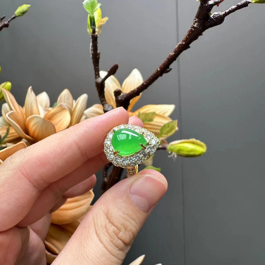 翡翠满钻14k水滴戒指