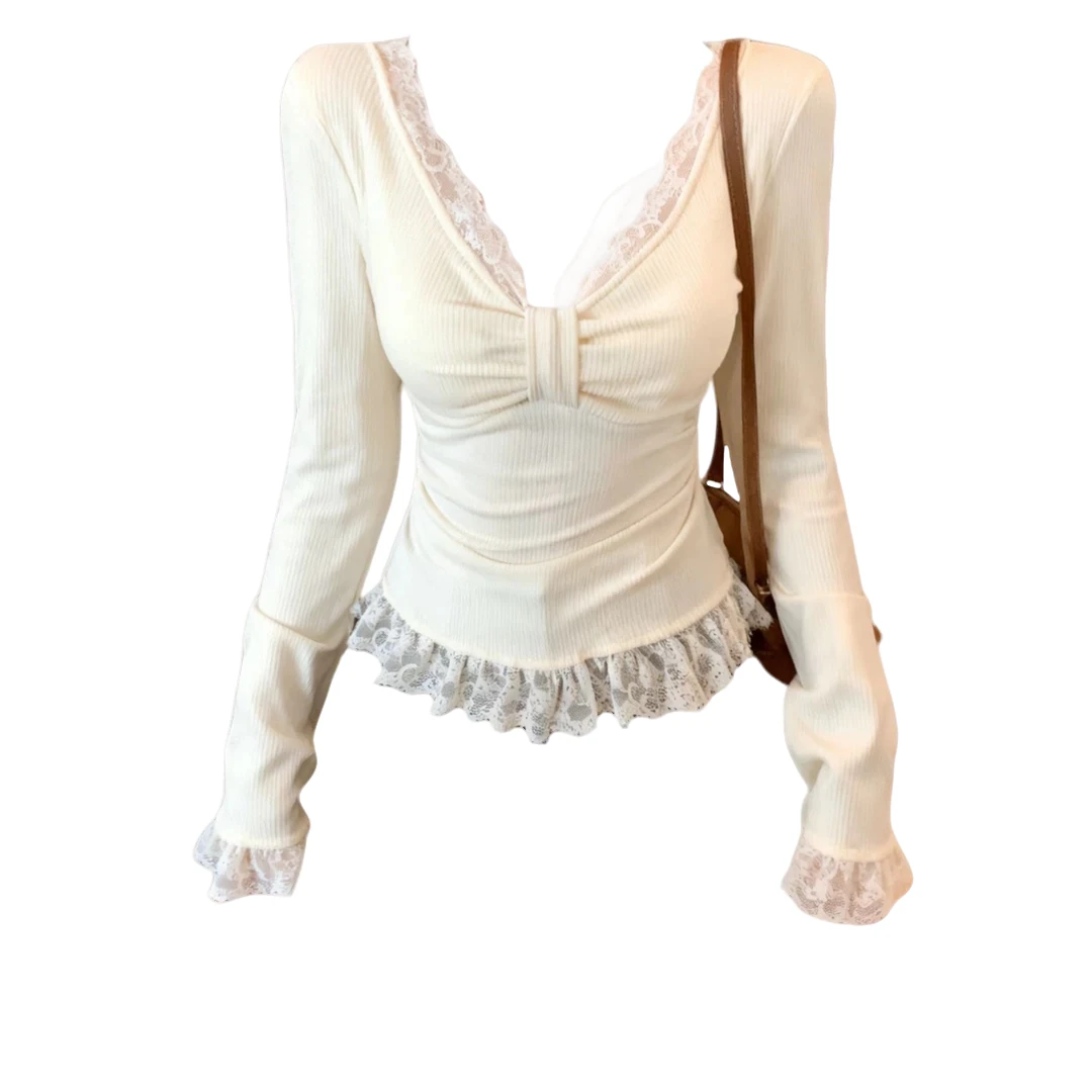 大码胖MM秋冬纯欲风V领蕾丝拼接修身长袖打底衫修身显瘦上衣t恤