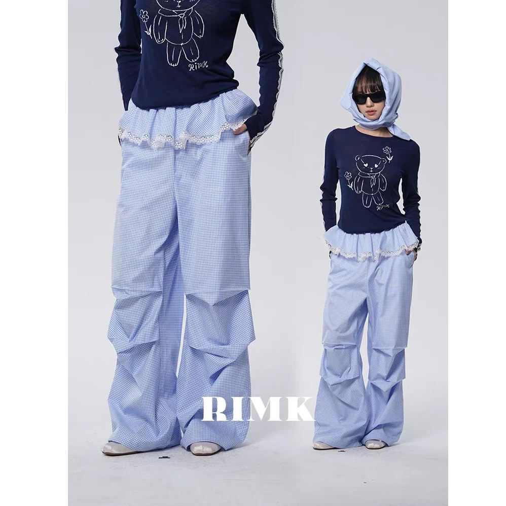 RIMK夏季新款甜酷风蓝色假两件拼接裙边工装裤25SS130