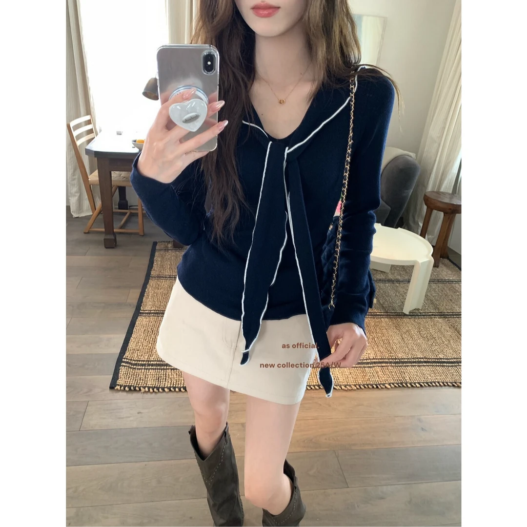 早秋新款海军领设计感长袖针织衫女时尚显瘦百搭学院风打底衫上衣