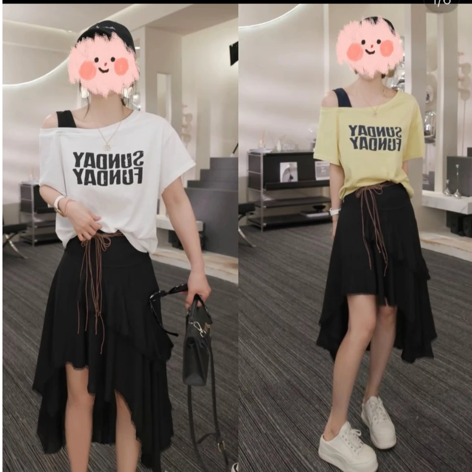 夏季新款宽松显瘦T恤上衣套装时尚气质百搭洋气高腰半身裙两件套