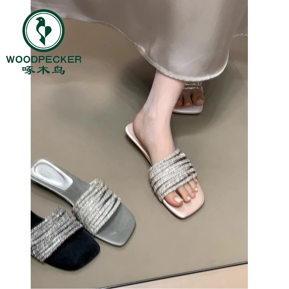 时尚一字拖鞋女夏季外穿懒人水钻带低跟露趾凉拖高级感