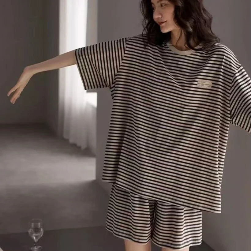 百搭条纹短袖睡衣女套装夏季新款韩版休闲女士家居服外穿