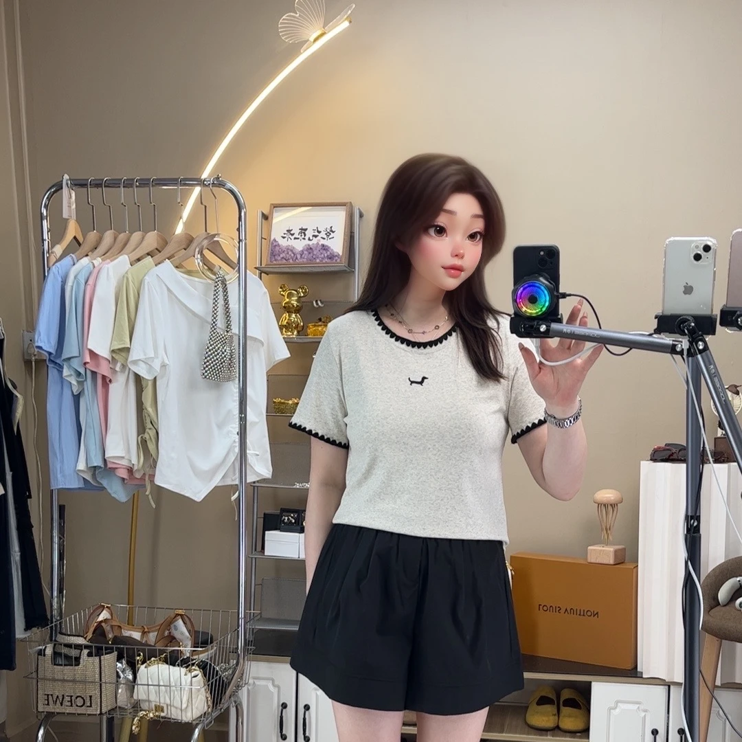 韩系撞色小狗刺绣圆领短袖t恤女夏宽松休闲正肩上衣春游出行衣服