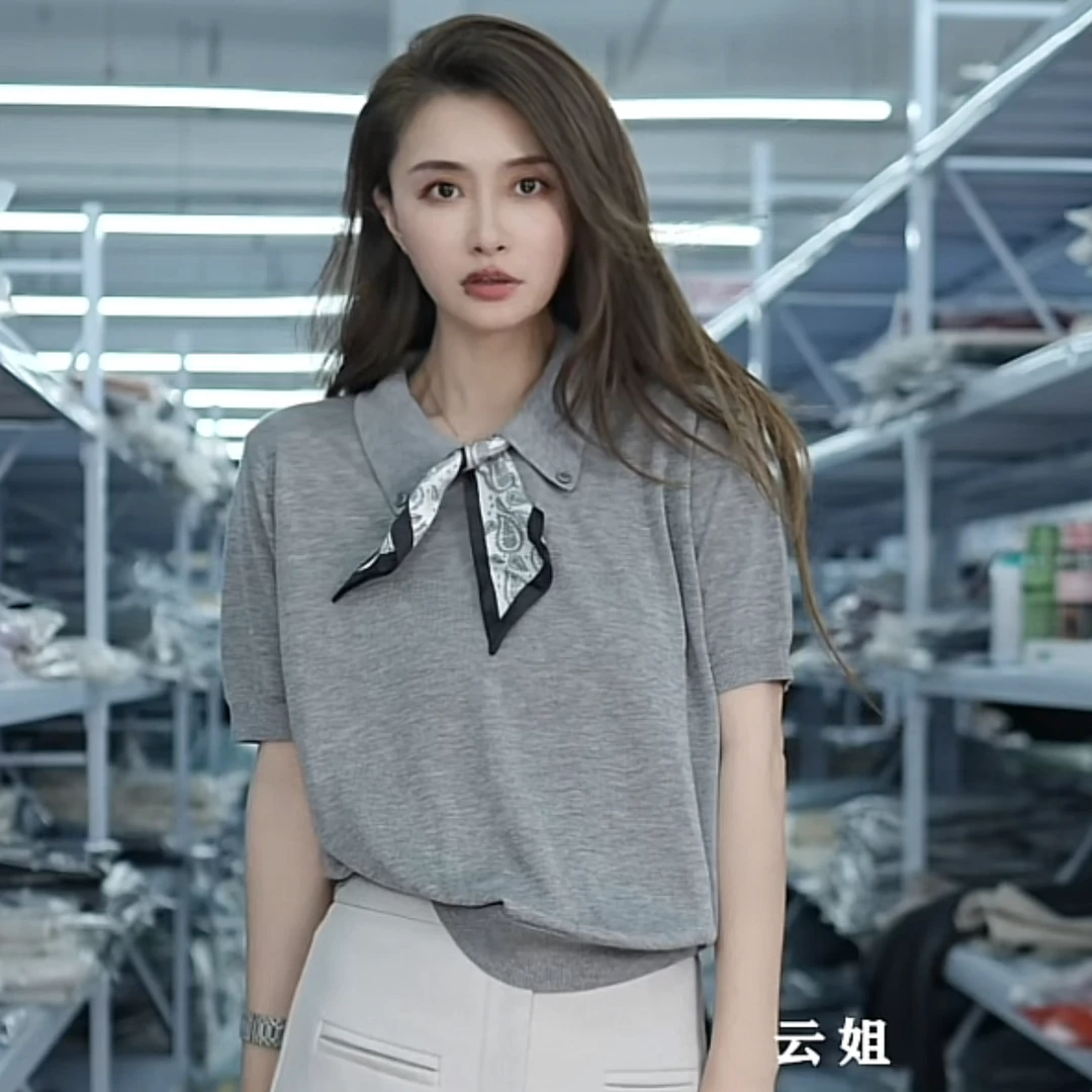 【倩倩精选】夏季时尚气质翻领纯色丝带时尚百搭针织衫A367