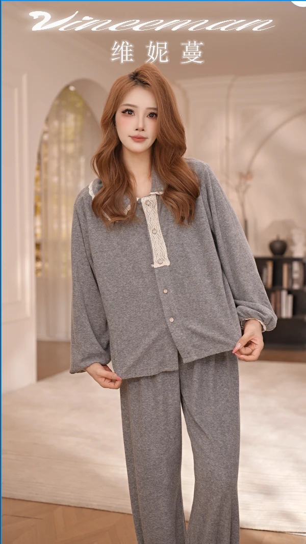 VINEEMAN【浪漫春天】简约睡衣女新款秋冬季长袖华夫格家居服可外穿