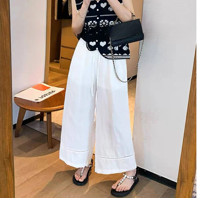 夏季透气棉麻花边镂空休闲高腰潮流薄款清凉八分宽松阔腿裤8928