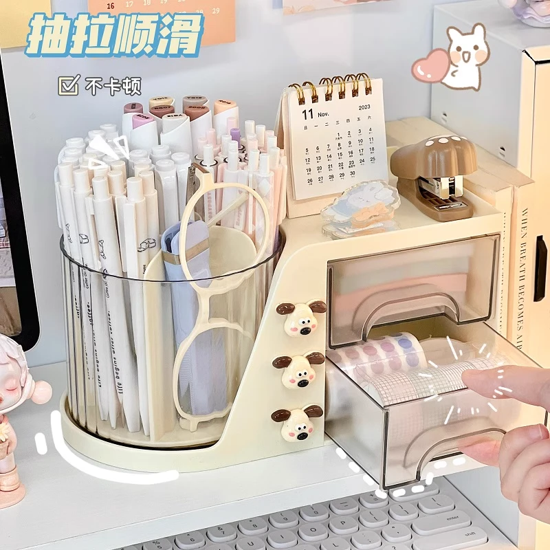 三合一旋转笔筒收纳盒学生多功能一体抽屉笔桶大容量文具收纳盒XF
