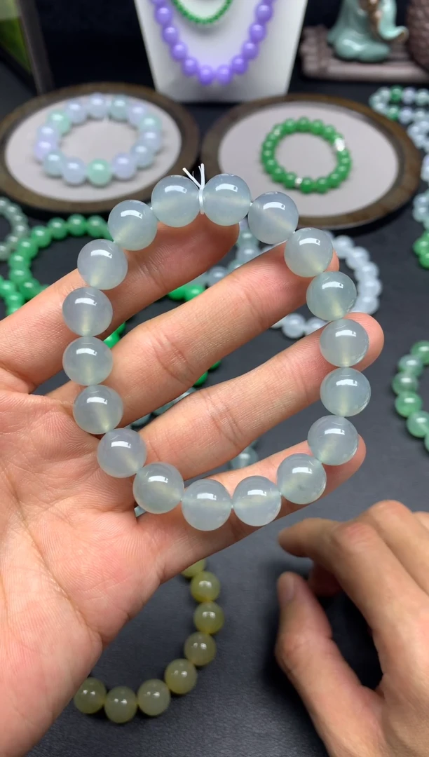 未镶嵌手链翡翠天然缅甸翡翠A货冰胶淡蓝底手串卡12.6mm