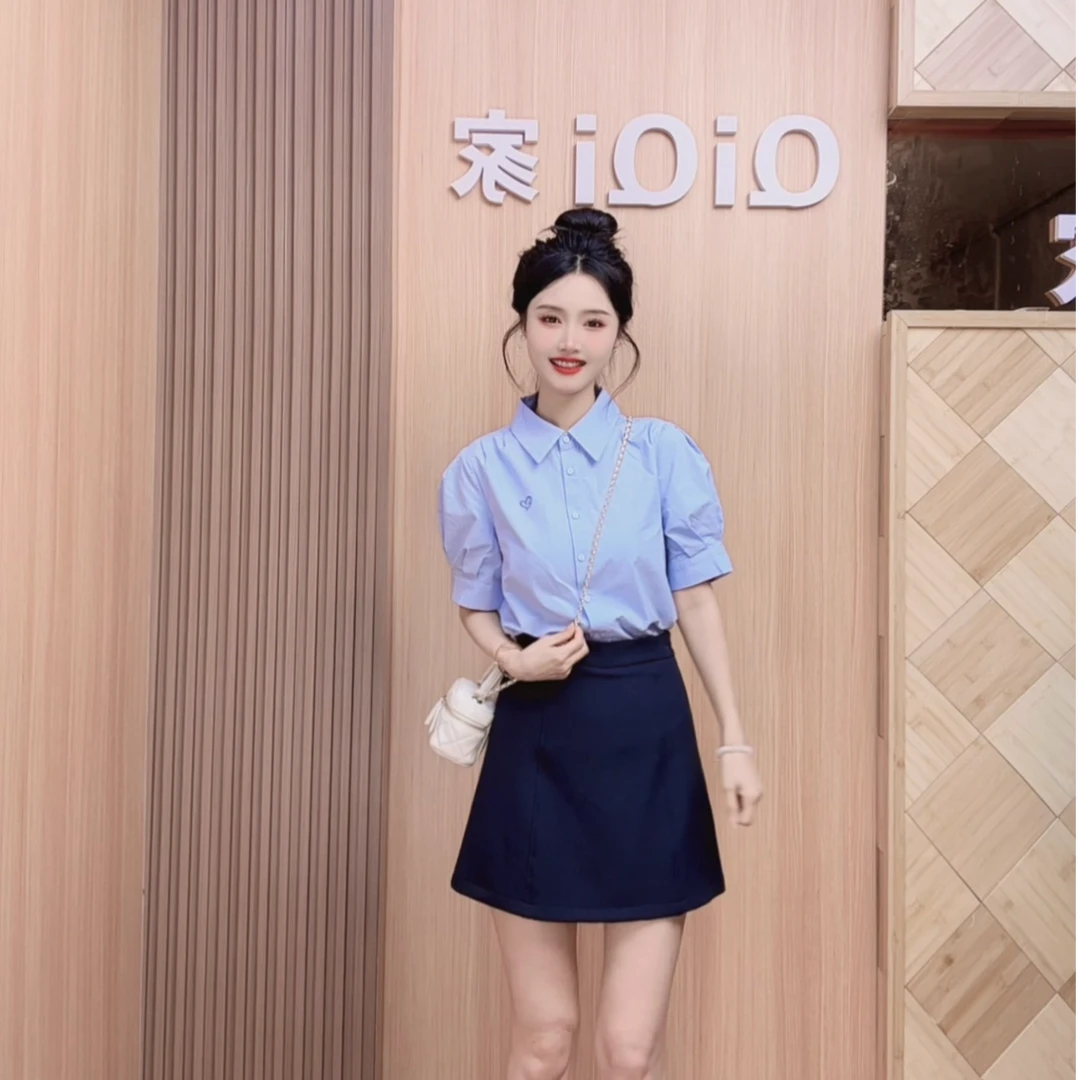 QiQi家 欧若智性风法式田园刺绣短袖白衬衣夏季高级感上下两件套