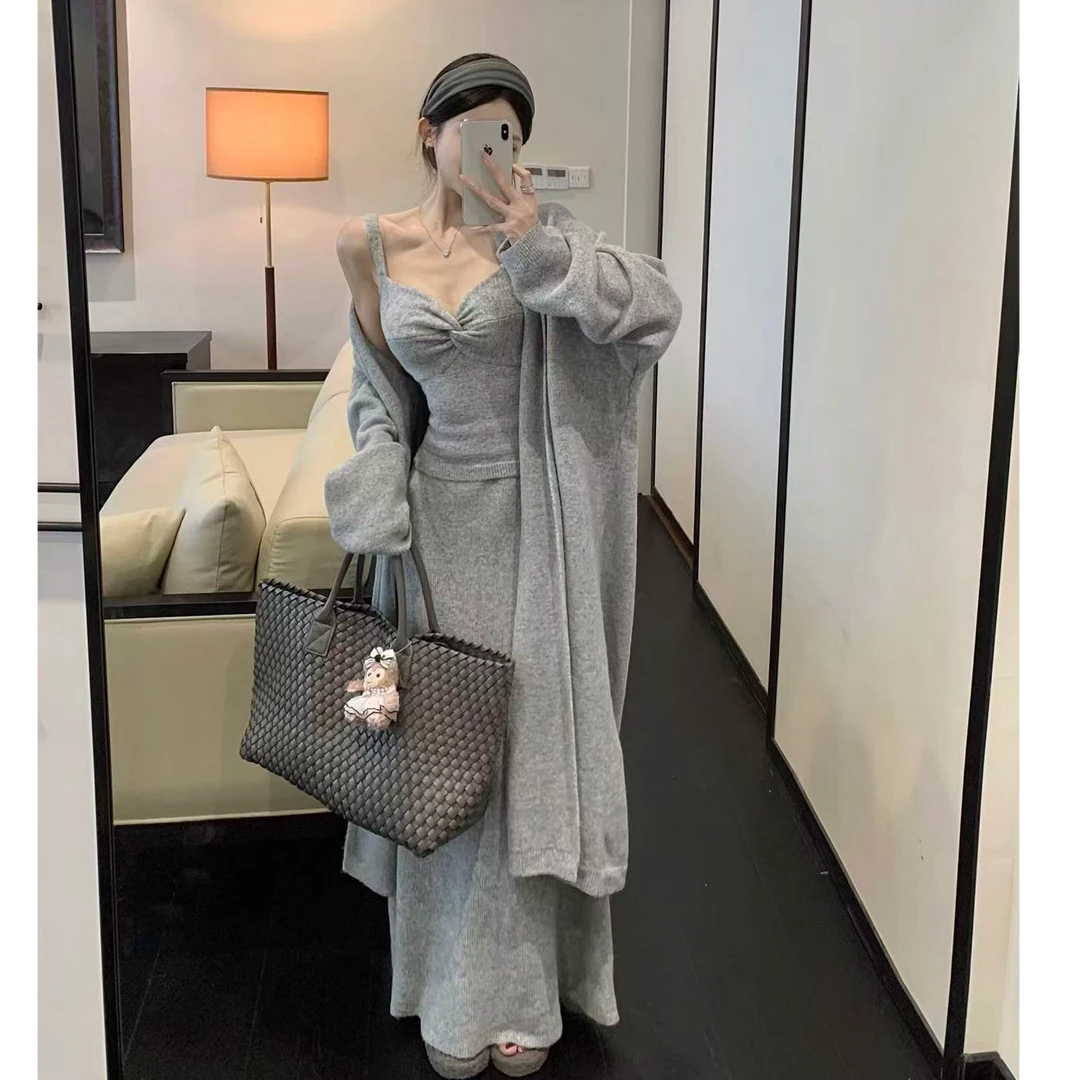 中长款慵懒风针织开衫修身吊带半身长裙三件套显瘦时尚纯色套装潮