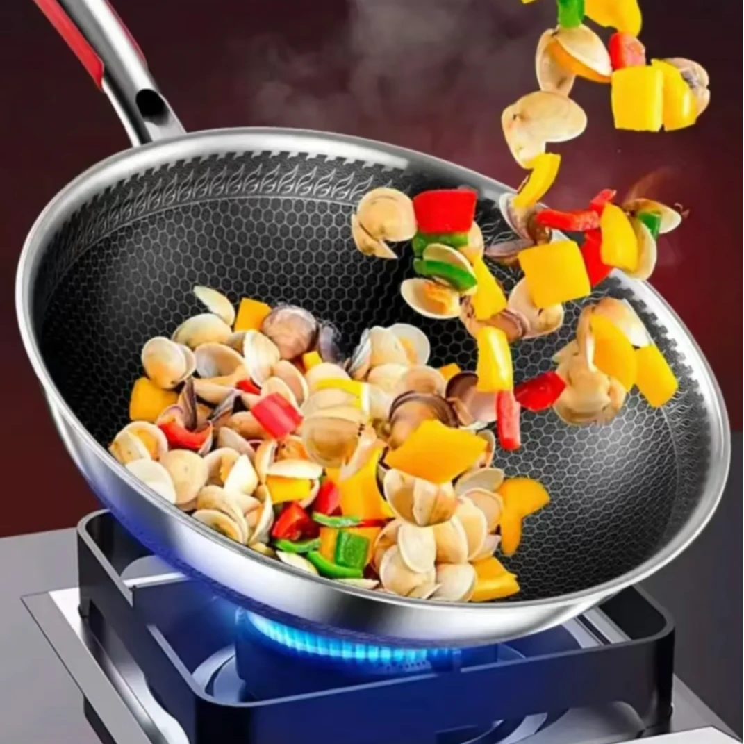 德国316l不锈钢炒锅蜂窝不粘锅燃气灶电磁炉通用炒菜锅