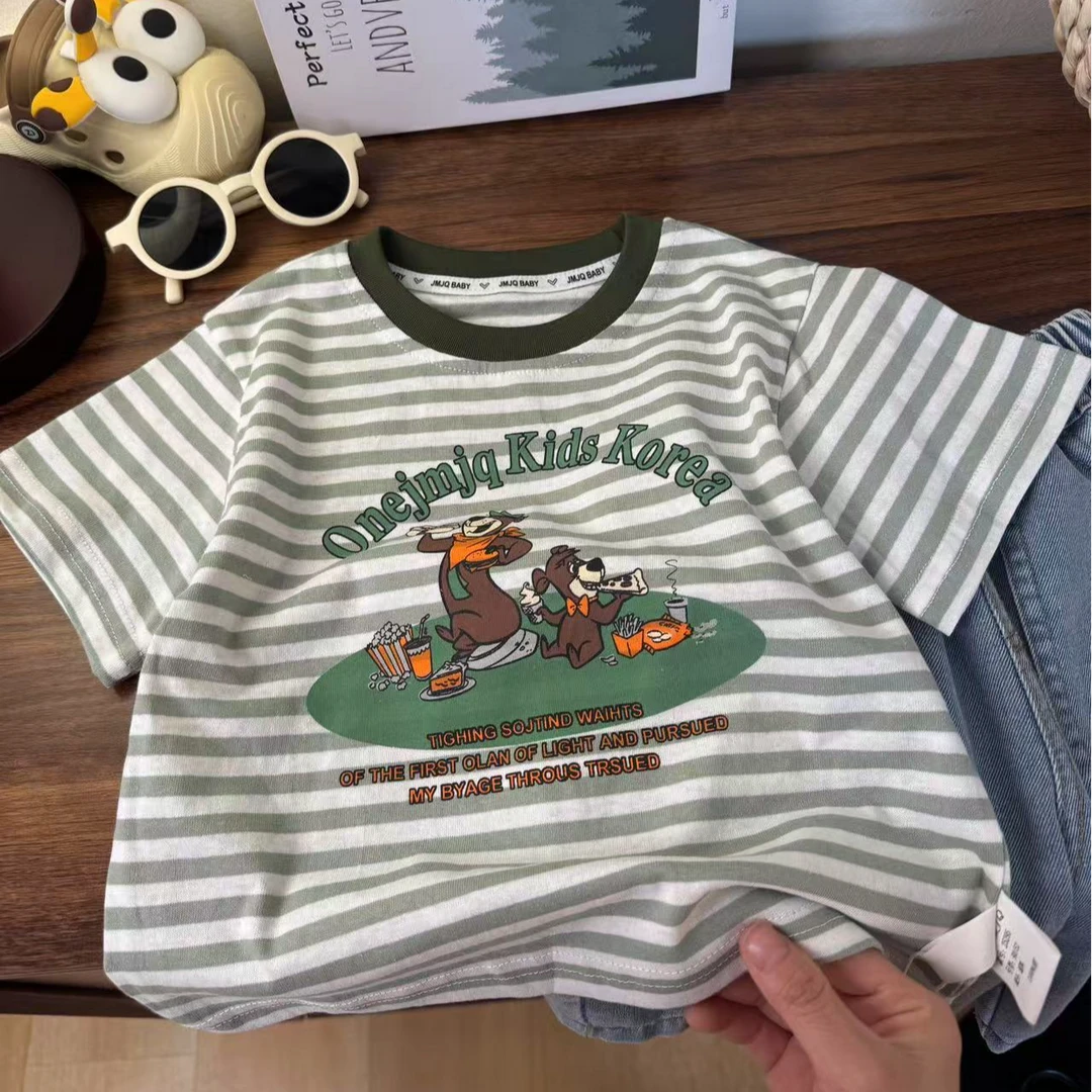 YM【JMJQ 25295】夏季新款中小童韩版亲肤条纹美式印花短袖体恤